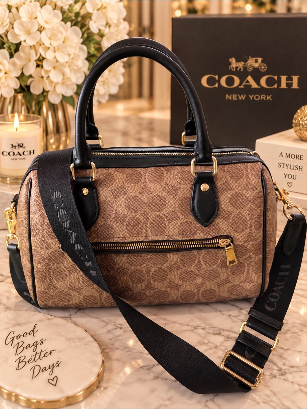 Coach Brown Signature Canvas Barrel Satchel with Black Leather Trim 🤎🖤 - Picture 3 of 16
